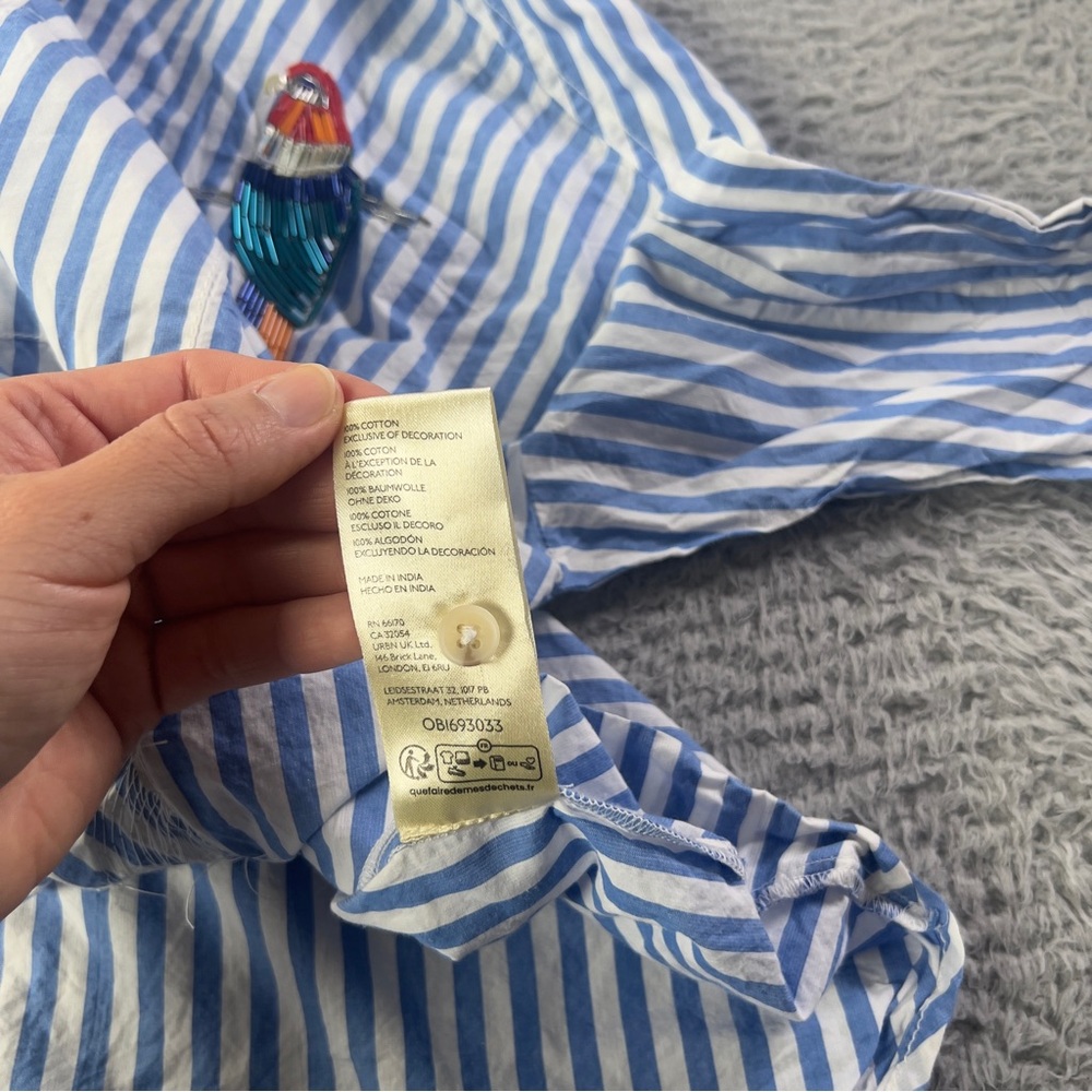 Maeve Parrot Button Down Shirt Womens XS / S Blue White Striped Sequin Oversized - Picture 9 of 9